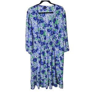 Talbots 20W Floral Print Midi Dress Blue‎ Green Long Sleeve Ruched Waist V-Neck